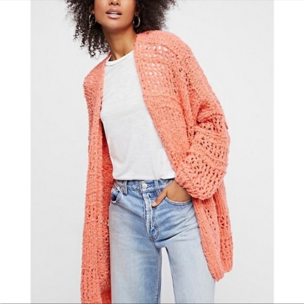 Free People Crochet Open-Front Cardigan in Coral